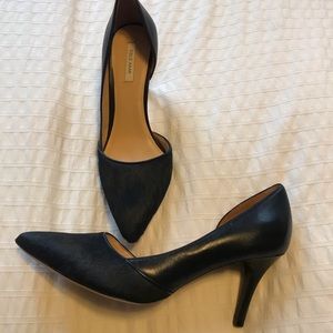 Navy blue cow hide and leather heels
